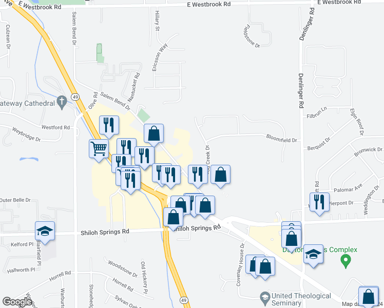 map of restaurants, bars, coffee shops, grocery stores, and more near 5344 Salem Woods Drive in Trotwood