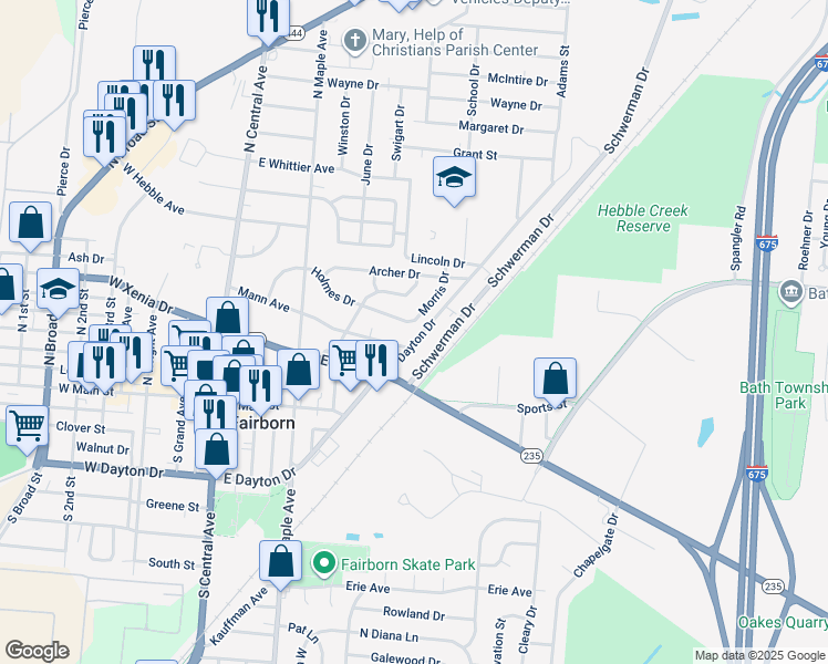 map of restaurants, bars, coffee shops, grocery stores, and more near 350 Holmes Drive in Fairborn