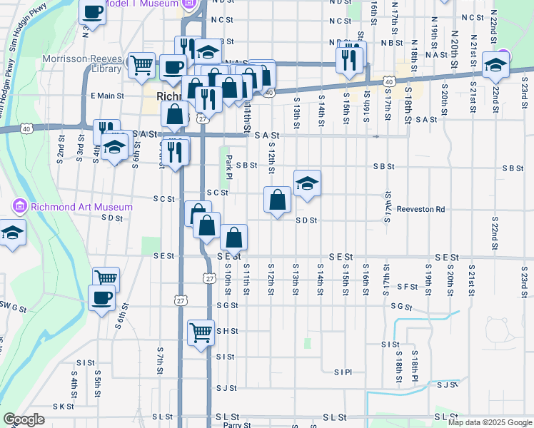map of restaurants, bars, coffee shops, grocery stores, and more near 330 South 12th Street in Richmond