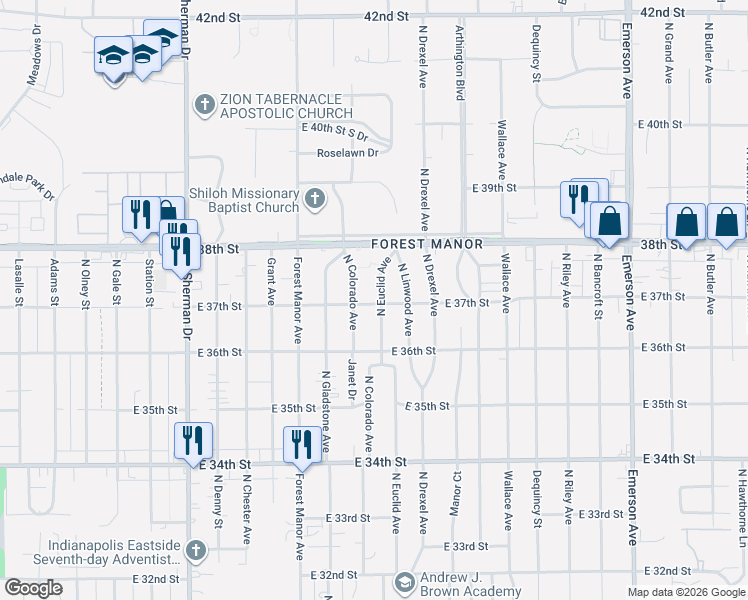 map of restaurants, bars, coffee shops, grocery stores, and more near 3701 North Euclid Avenue in Indianapolis