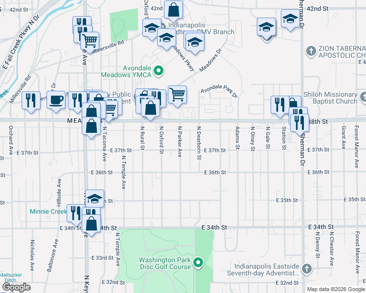 map of restaurants, bars, coffee shops, grocery stores, and more near 3702 North Parker Avenue in Indianapolis