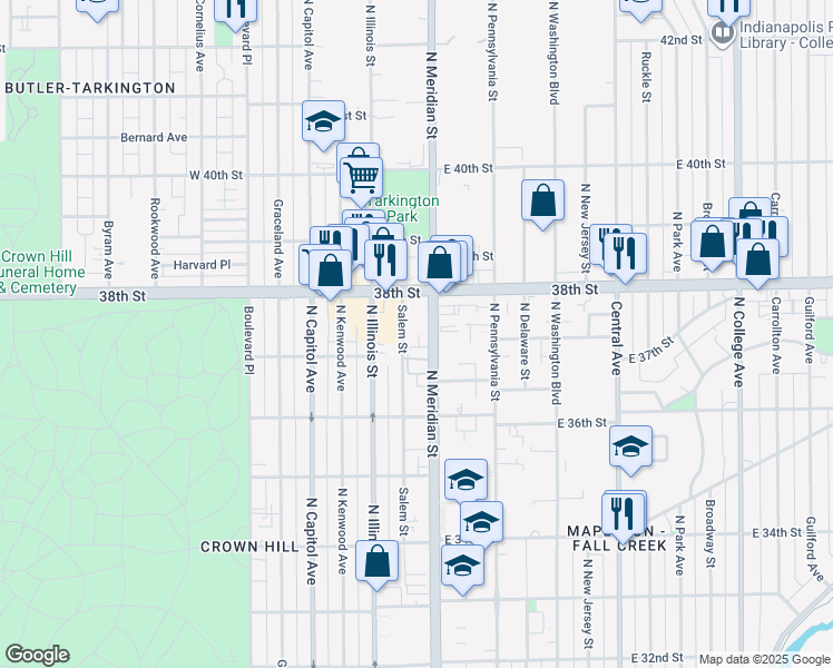 map of restaurants, bars, coffee shops, grocery stores, and more near 3736 North Meridian Street in Indianapolis