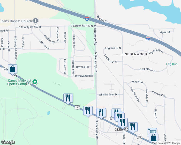 map of restaurants, bars, coffee shops, grocery stores, and more near 4061 Mossy Bank Road in Indianapolis