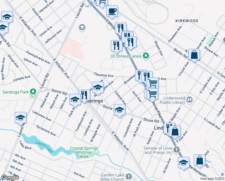 map of restaurants, bars, coffee shops, grocery stores, and more near 202 Broadway in Laurel Springs