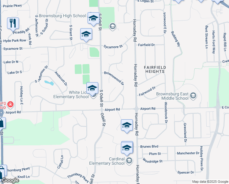 map of restaurants, bars, coffee shops, grocery stores, and more near 1331 Dogwood Court in Brownsburg