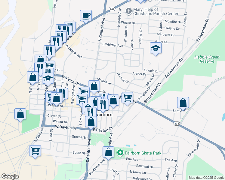 map of restaurants, bars, coffee shops, grocery stores, and more near 121 North Maple Avenue in Fairborn