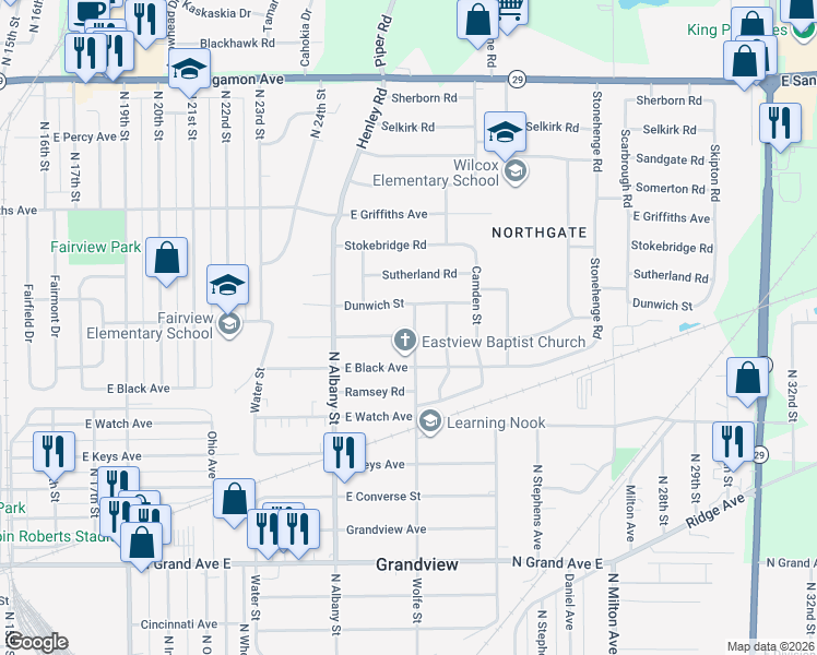 map of restaurants, bars, coffee shops, grocery stores, and more near 2281 East Eleanor Avenue in Springfield