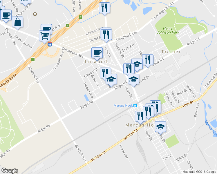 map of restaurants, bars, coffee shops, grocery stores, and more near 1414 Huddell Avenue in Marcus Hook