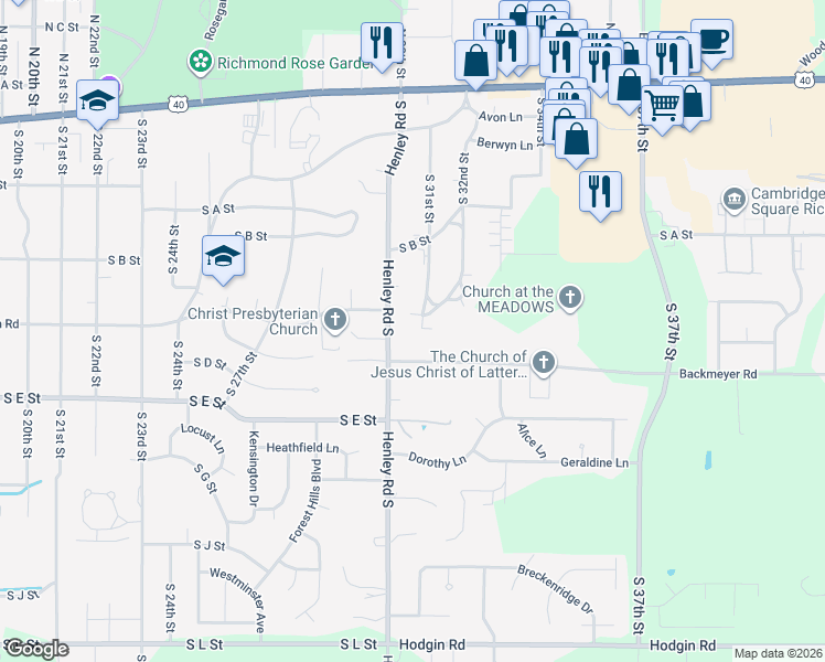 map of restaurants, bars, coffee shops, grocery stores, and more near 355 Henley Road South in Richmond