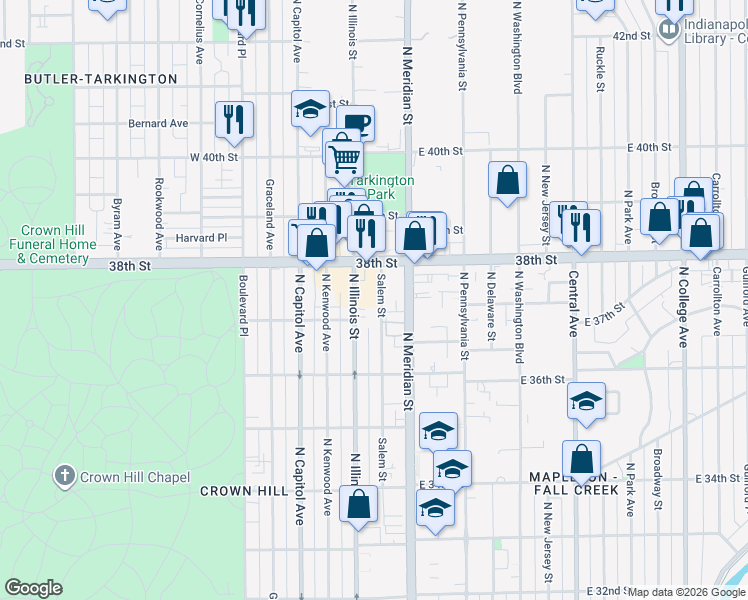 map of restaurants, bars, coffee shops, grocery stores, and more near 3734 Salem Street in Indianapolis
