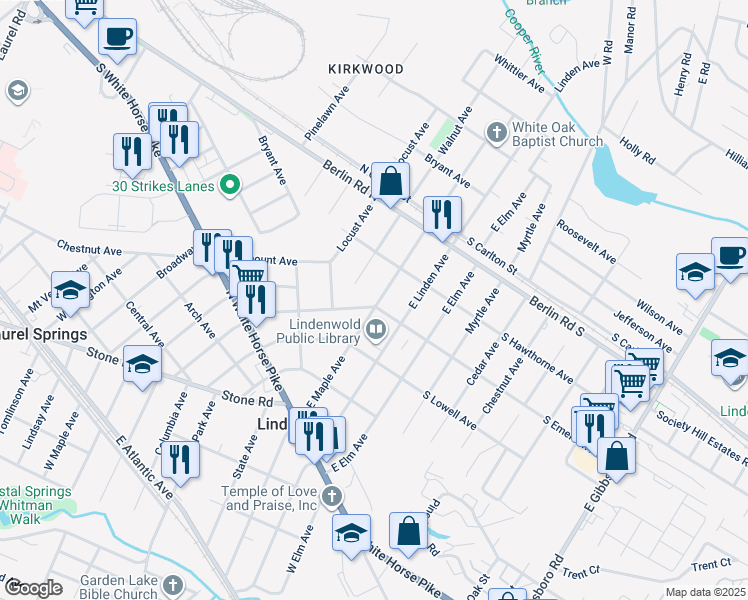 map of restaurants, bars, coffee shops, grocery stores, and more near 402 East Maple Avenue in Lindenwold