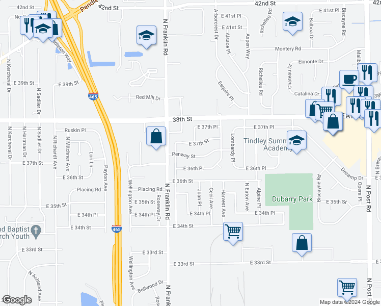 map of restaurants, bars, coffee shops, grocery stores, and more near 8108 Penway Street in Indianapolis