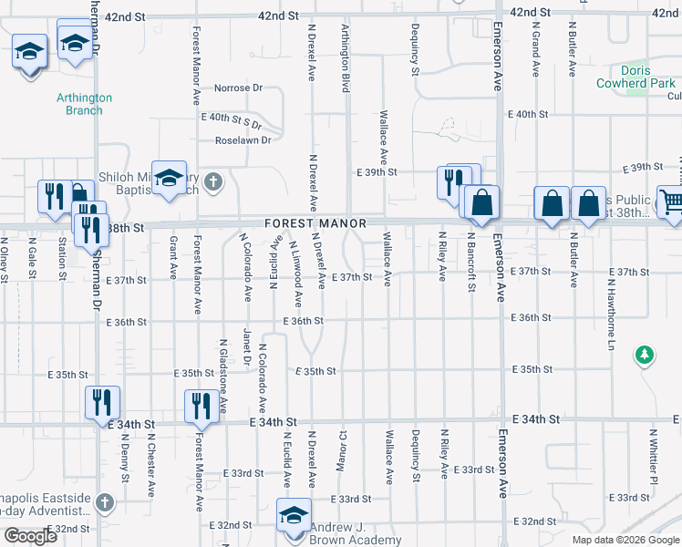 map of restaurants, bars, coffee shops, grocery stores, and more near 3702 Manor Court in Indianapolis