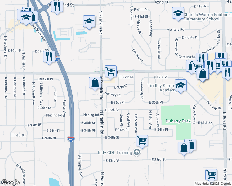 map of restaurants, bars, coffee shops, grocery stores, and more near 8108 Penway Street in Indianapolis