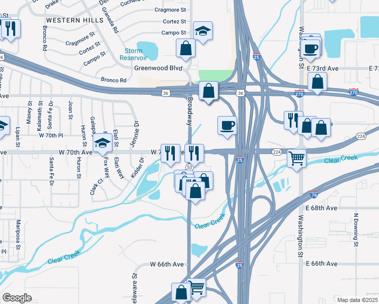 map of restaurants, bars, coffee shops, grocery stores, and more near Broadway & W 70th Ave in Twin Lakes