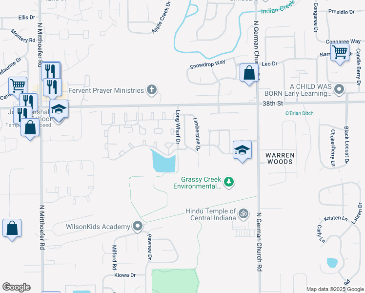 map of restaurants, bars, coffee shops, grocery stores, and more near 3652 Lacebark Drive in Indianapolis