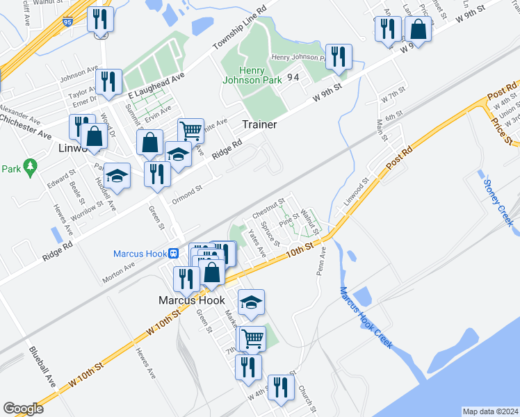 map of restaurants, bars, coffee shops, grocery stores, and more near 8 Chestnut Street in Marcus Hook