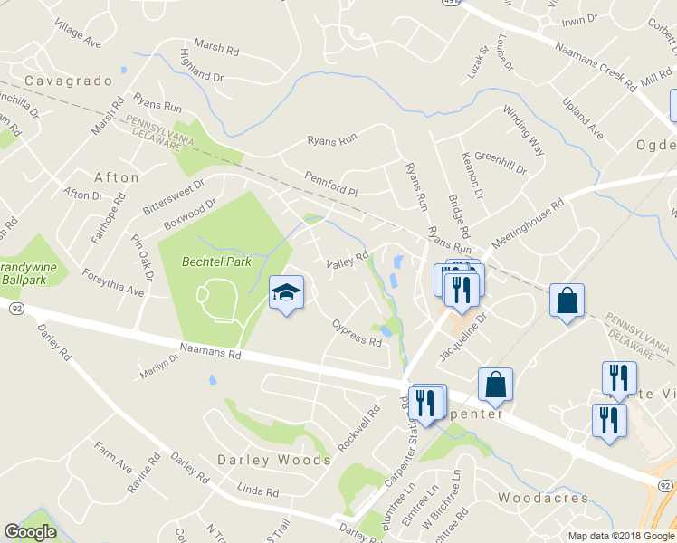 map of restaurants, bars, coffee shops, grocery stores, and more near 14 Basswood Lane in Wilmington