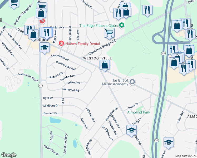 map of restaurants, bars, coffee shops, grocery stores, and more near 1351 Good Intent Rd in Deptford Township