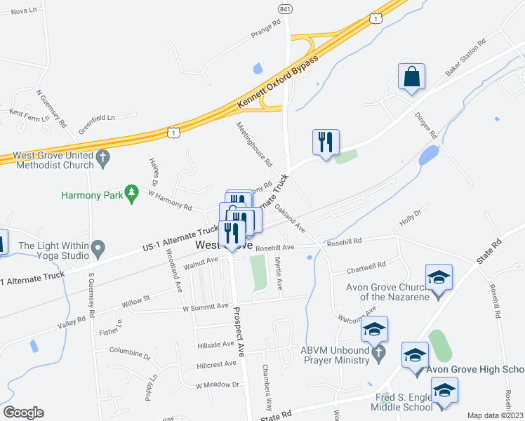 map of restaurants, bars, coffee shops, grocery stores, and more near 148 East Evergreen Street in West Grove