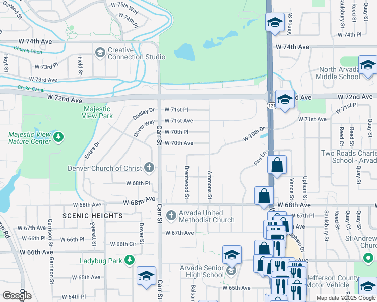 map of restaurants, bars, coffee shops, grocery stores, and more near 8259 West 69th Way in Arvada