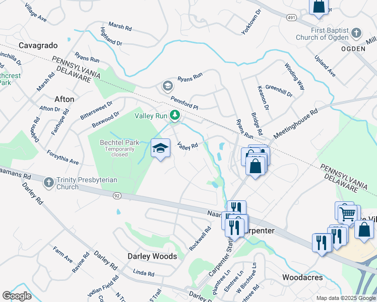 map of restaurants, bars, coffee shops, grocery stores, and more near 14 Basswood Lane in Wilmington