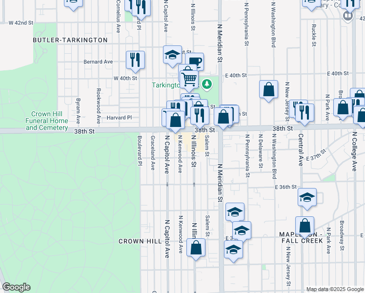 map of restaurants, bars, coffee shops, grocery stores, and more near 3725 North Kenwood Avenue in Indianapolis