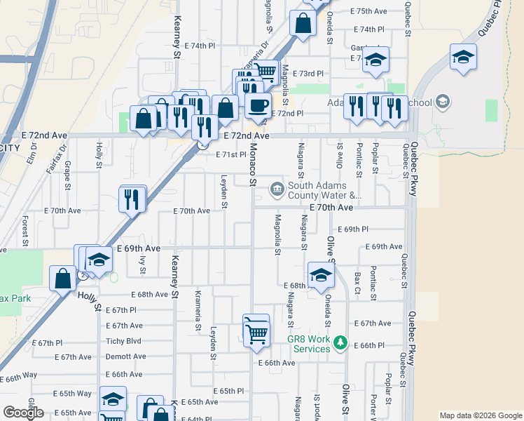 map of restaurants, bars, coffee shops, grocery stores, and more near 6981 Magnolia Street in Commerce City
