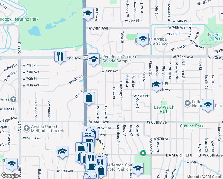 map of restaurants, bars, coffee shops, grocery stores, and more near 6950 Upham Street in Arvada