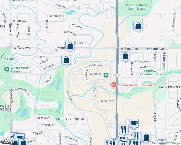 map of restaurants, bars, coffee shops, grocery stores, and more near 6959 Joyce Lane in Arvada