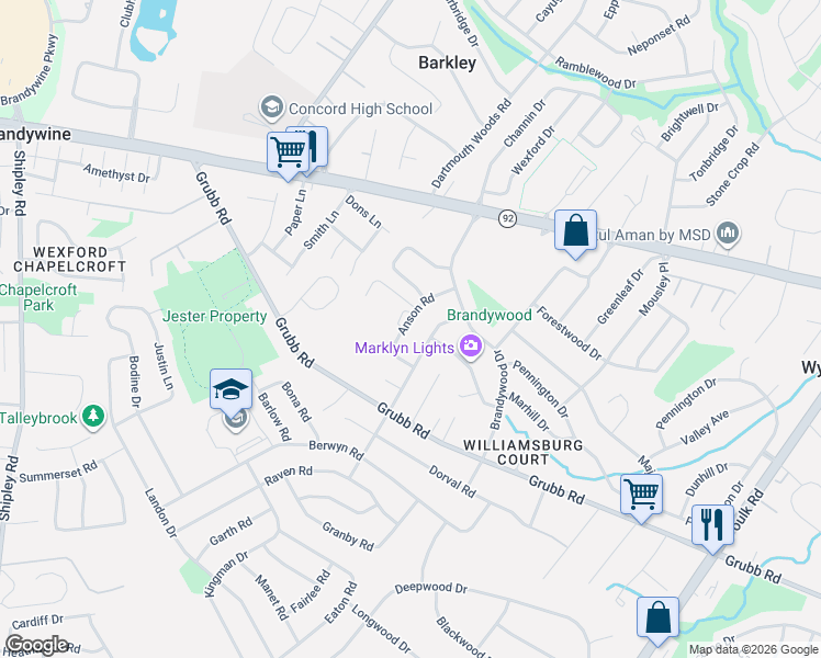 map of restaurants, bars, coffee shops, grocery stores, and more near 2115 Weatherton Drive in Wilmington
