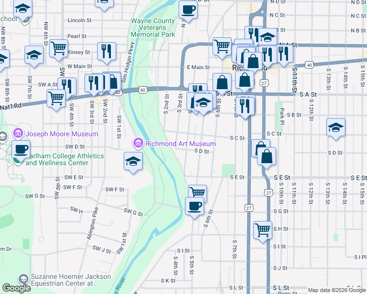 map of restaurants, bars, coffee shops, grocery stores, and more near 401 1/2 South 4th Street in Richmond