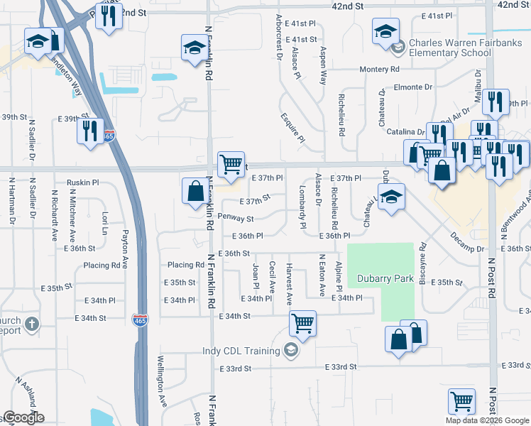 map of restaurants, bars, coffee shops, grocery stores, and more near 8145 Penway Street in Indianapolis
