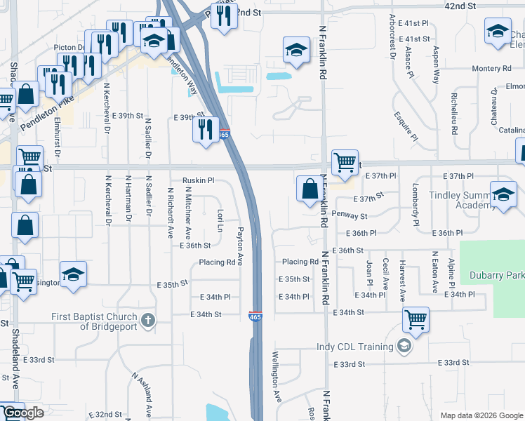 map of restaurants, bars, coffee shops, grocery stores, and more near 3720 Wellington Avenue in Indianapolis
