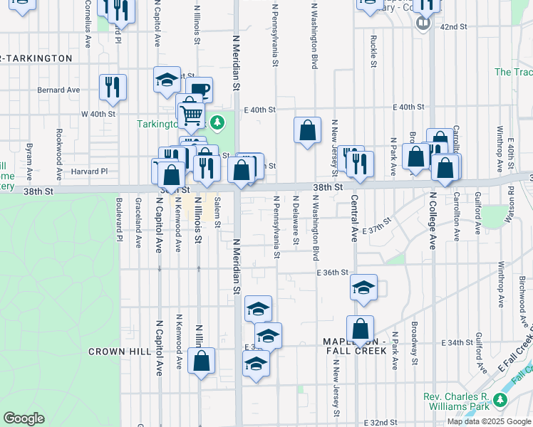 map of restaurants, bars, coffee shops, grocery stores, and more near 3736 North Pennsylvania Street in Indianapolis