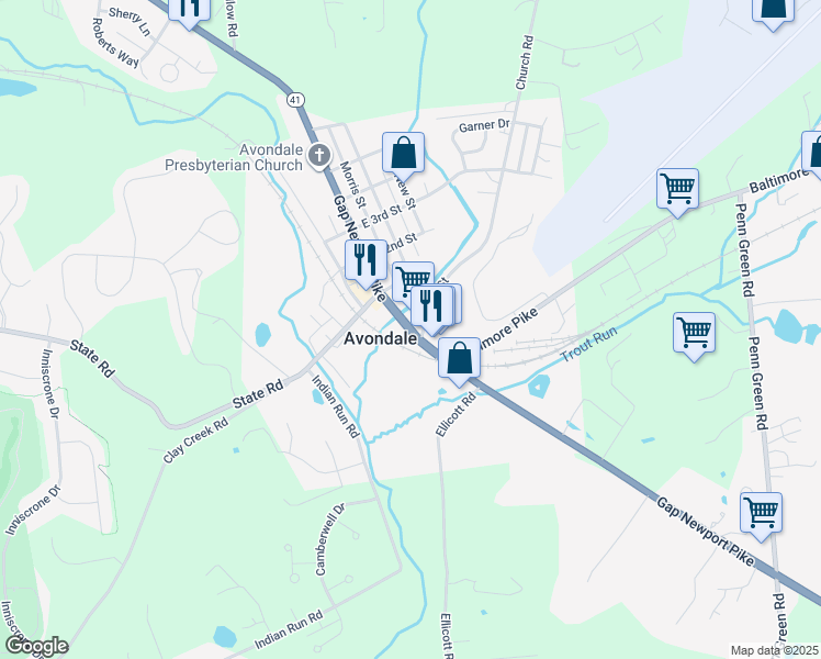 map of restaurants, bars, coffee shops, grocery stores, and more near Pennsylvania 41 in Avondale