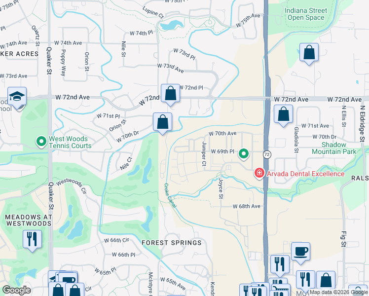map of restaurants, bars, coffee shops, grocery stores, and more near 15260 West 69th Circle in Arvada