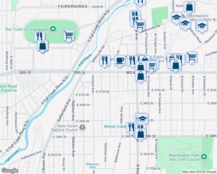 map of restaurants, bars, coffee shops, grocery stores, and more near 3709 Caroline Street in Indianapolis