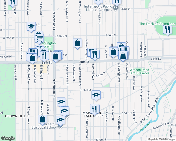 map of restaurants, bars, coffee shops, grocery stores, and more near 401 East 37th Street in Indianapolis