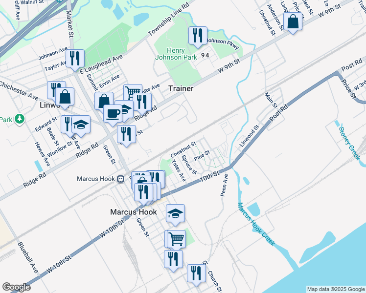 map of restaurants, bars, coffee shops, grocery stores, and more near 10 Chestnut Street in Marcus Hook