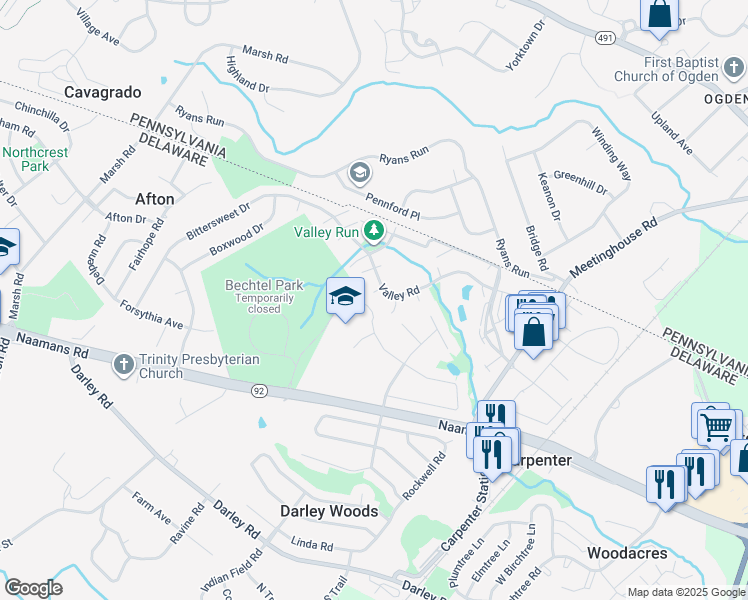map of restaurants, bars, coffee shops, grocery stores, and more near 6 Birch Lane in Wilmington