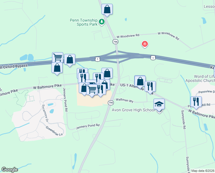 map of restaurants, bars, coffee shops, grocery stores, and more near 820 Old Baltimore Pike in West Grove