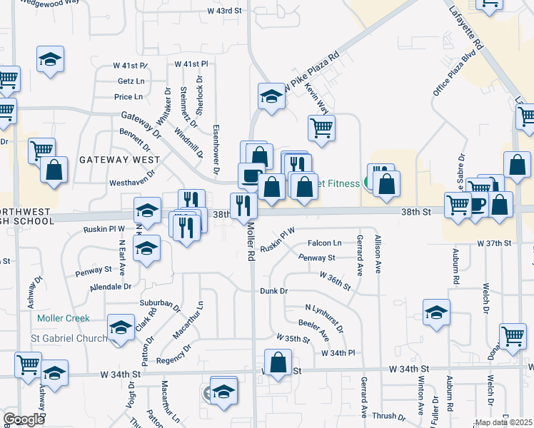 map of restaurants, bars, coffee shops, grocery stores, and more near 5435 West 38th Street in Indianapolis