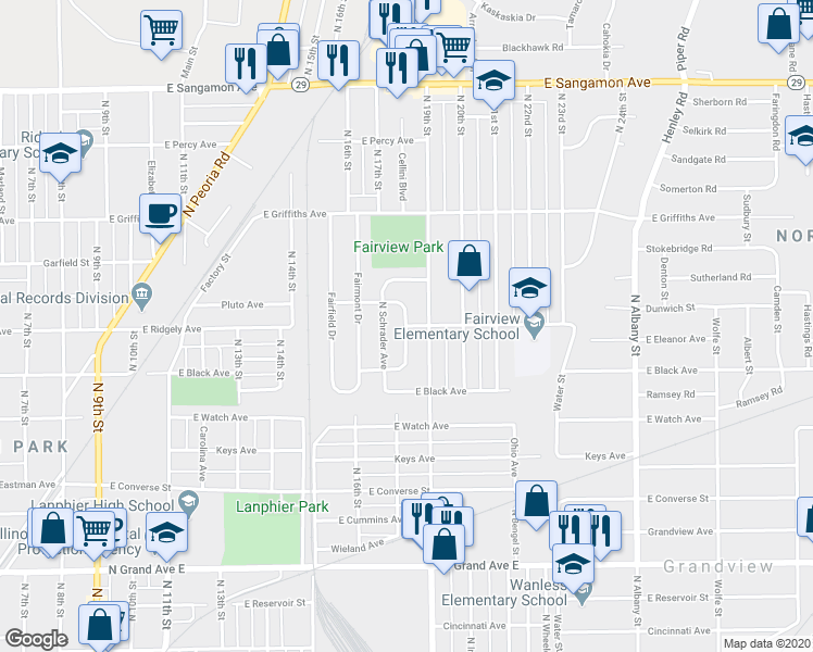 map of restaurants, bars, coffee shops, grocery stores, and more near 1800 East Ridgely Avenue in Springfield