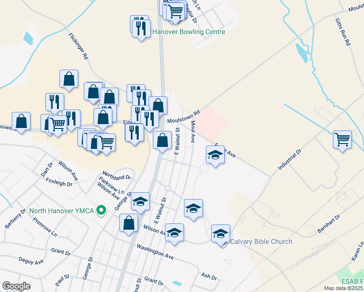 map of restaurants, bars, coffee shops, grocery stores, and more near 1225 East Walnut Street in Hanover