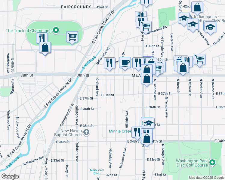 map of restaurants, bars, coffee shops, grocery stores, and more near 3718 Caroline Avenue in Indianapolis