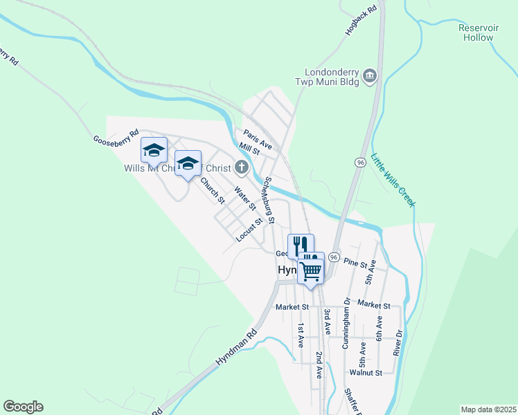 map of restaurants, bars, coffee shops, grocery stores, and more near 132 Water Street in Hyndman