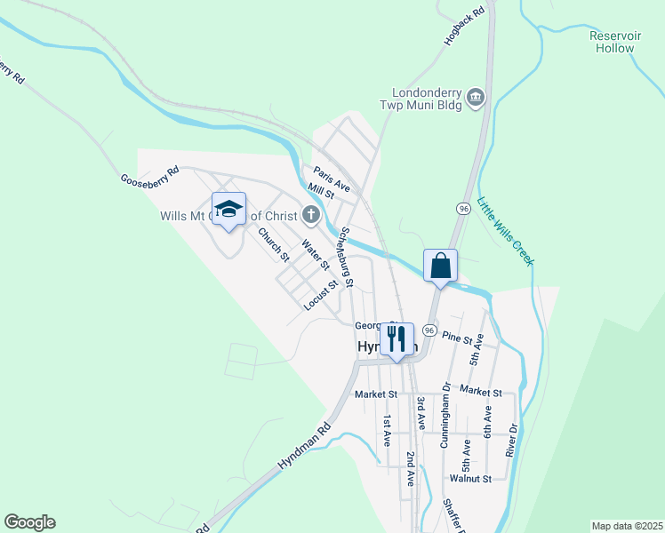 map of restaurants, bars, coffee shops, grocery stores, and more near 132 Water Street in Hyndman