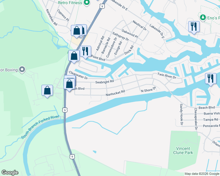 map of restaurants, bars, coffee shops, grocery stores, and more near 305 Beach Boulevard in Lacey Township