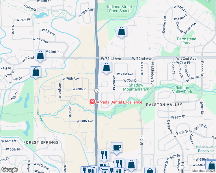 map of restaurants, bars, coffee shops, grocery stores, and more near 6976 Holman Street in Arvada